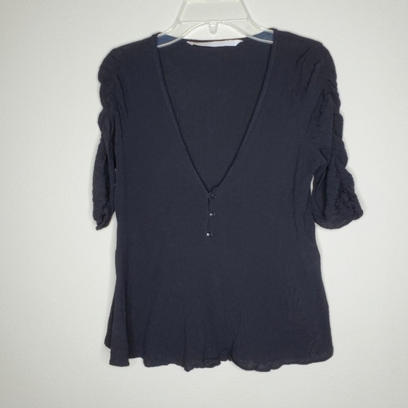 Zara Black V Neck Button Front Ruched Sleeved Top - Picture 3 of 8